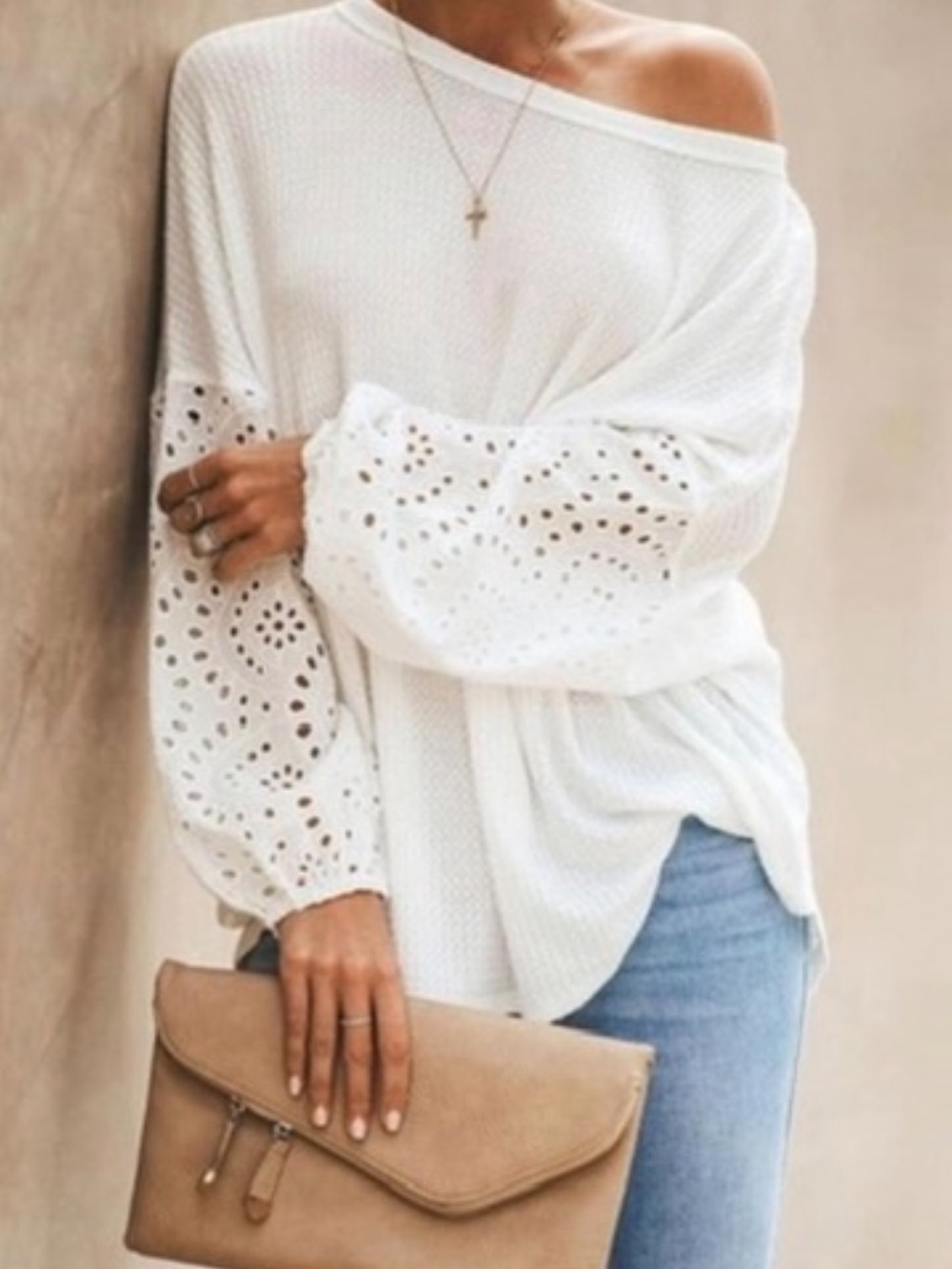 Off-Shoulder White Eyelet Sleeve Sweater